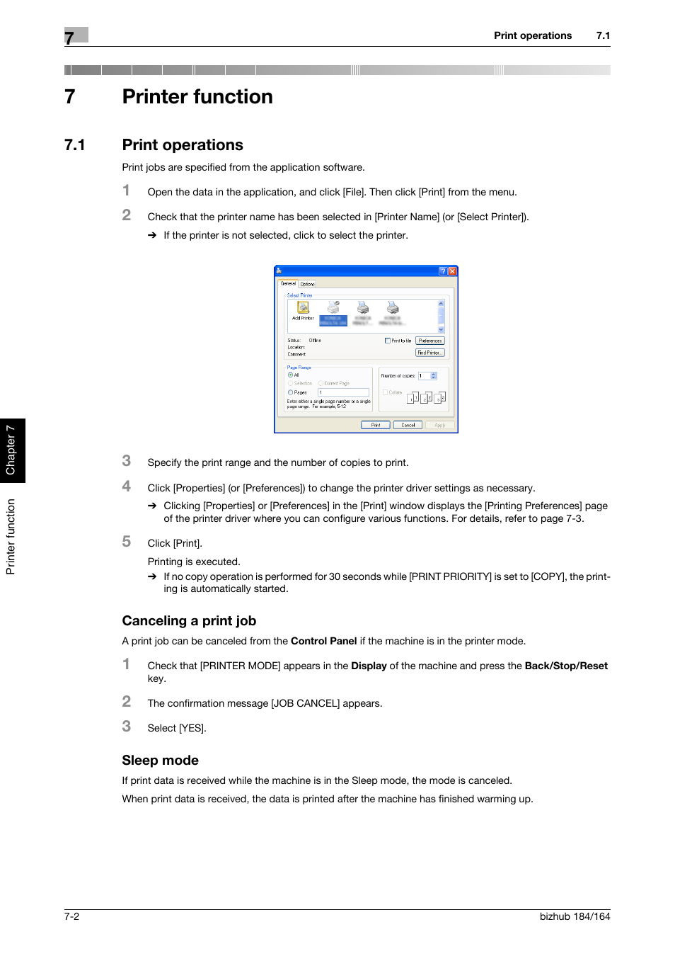 7 printer function, 1 print operations, Canceling a print job | Sleep mode, Printer function, 7printer function | Konica Minolta bizhub 184 User Manual | Page 67 / 124