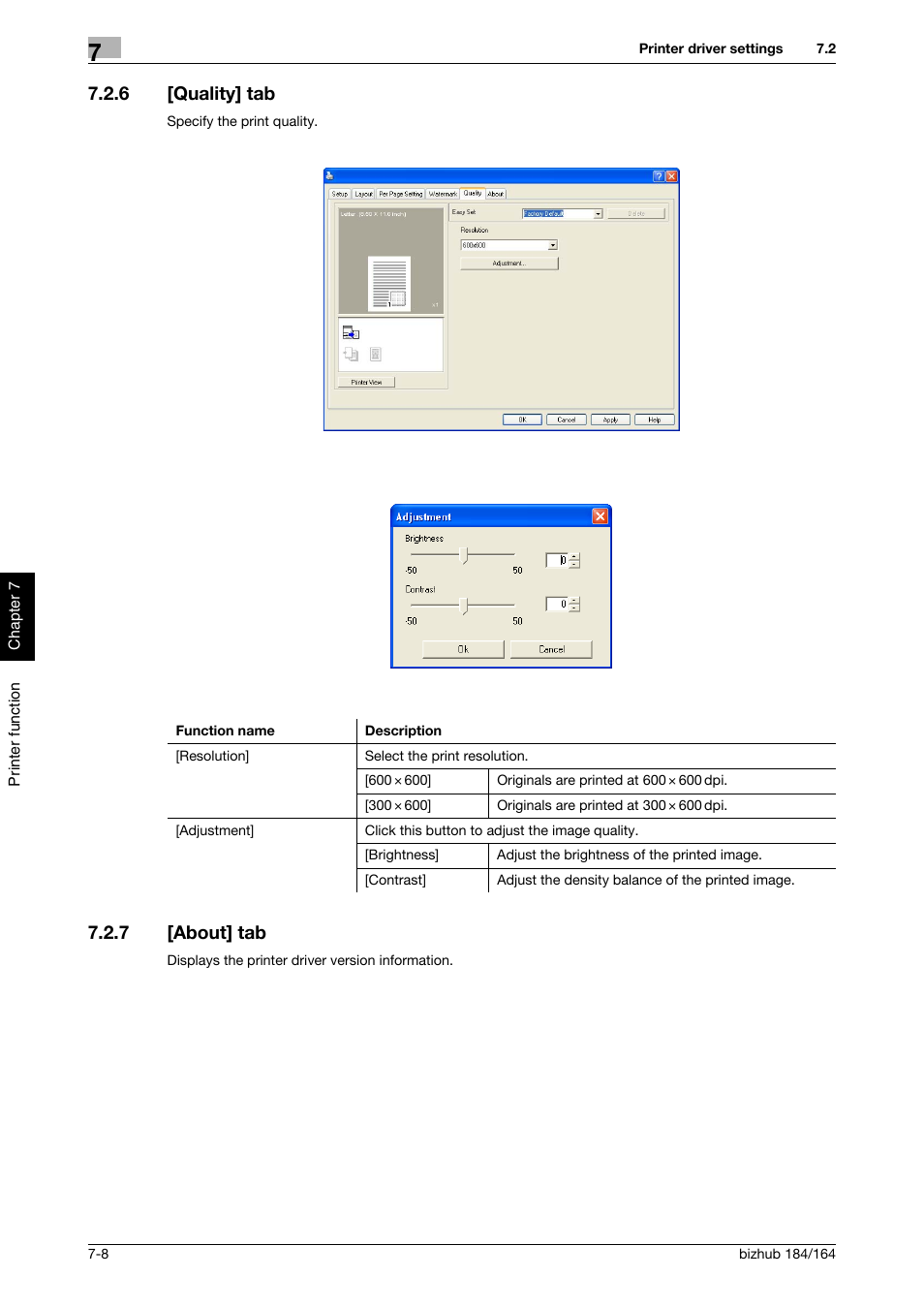 6 [quality] tab, 7 [about] tab, Quality] tab -8 | About] tab -8 | Konica Minolta bizhub 184 User Manual | Page 73 / 124