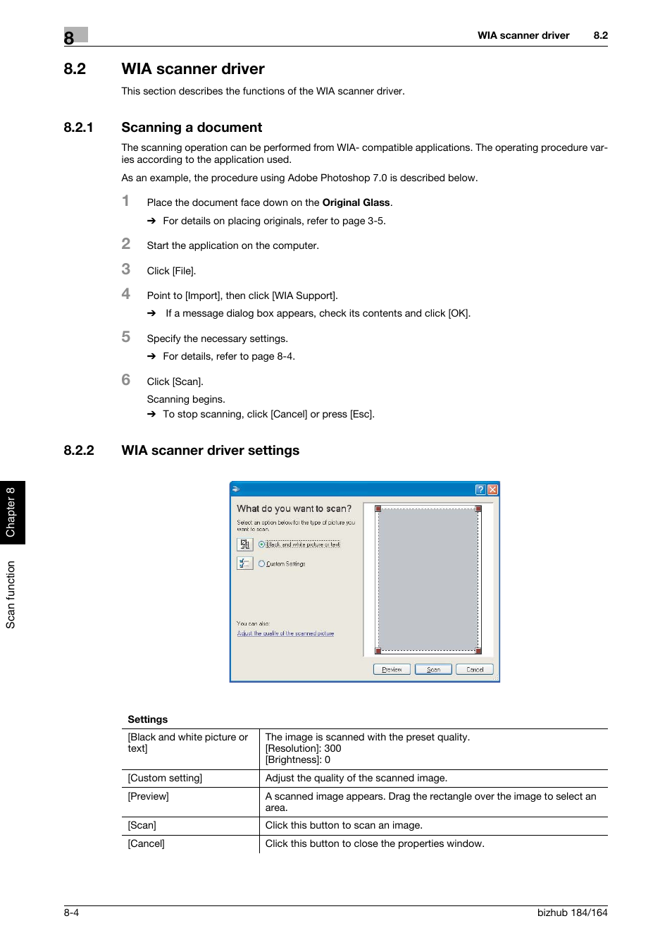 2 wia scanner driver, 1 scanning a document, 2 wia scanner driver settings | Wia scanner driver -4, Scanning a document -4, Wia scanner driver settings -4 | Konica Minolta bizhub 184 User Manual | Page 77 / 124