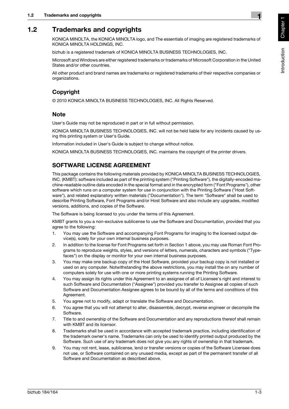 2 trademarks and copyrights, Copyright, Note | Software license agreement | Konica Minolta bizhub 184 User Manual | Page 8 / 124