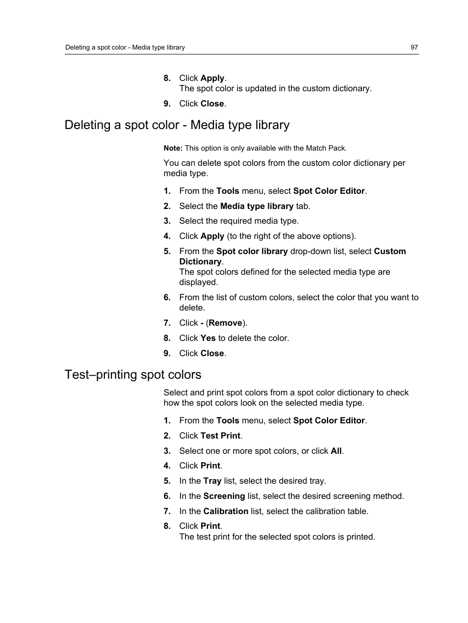 Deleting a spot color - media type library, Test–printing spot colors | Konica Minolta bizhub PRESS C1100 User Manual | Page 107 / 265