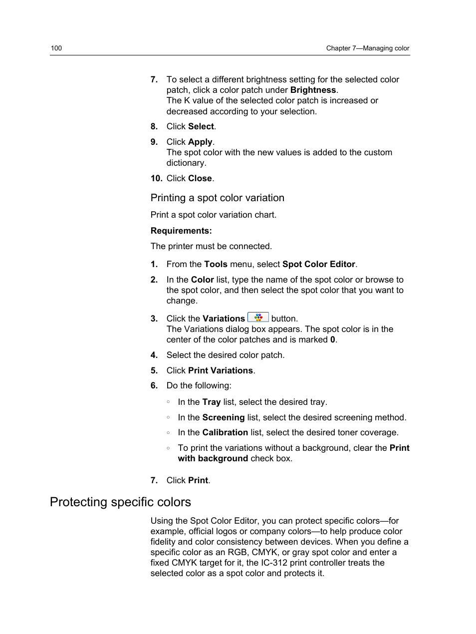 Printing a spot color variation, Protecting specific colors | Konica Minolta bizhub PRESS C1100 User Manual | Page 110 / 265