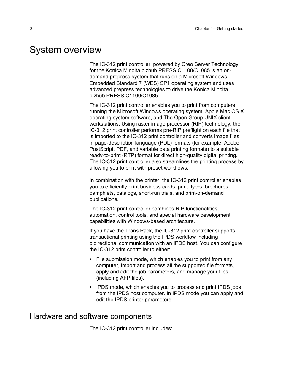 System overview, Hardware and software components | Konica Minolta bizhub PRESS C1100 User Manual | Page 12 / 265