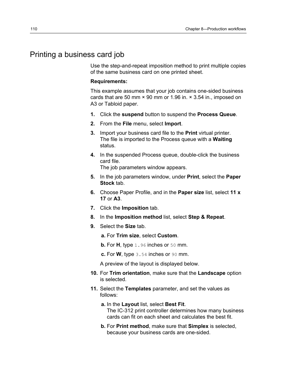 Printing a business card job | Konica Minolta bizhub PRESS C1100 User Manual | Page 120 / 265