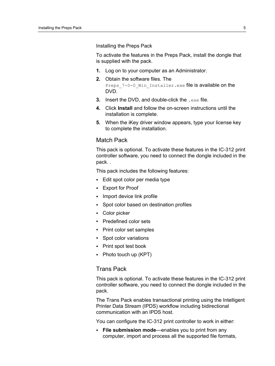 Installing the preps pack, Match pack, Trans pack | Konica Minolta bizhub PRESS C1100 User Manual | Page 15 / 265