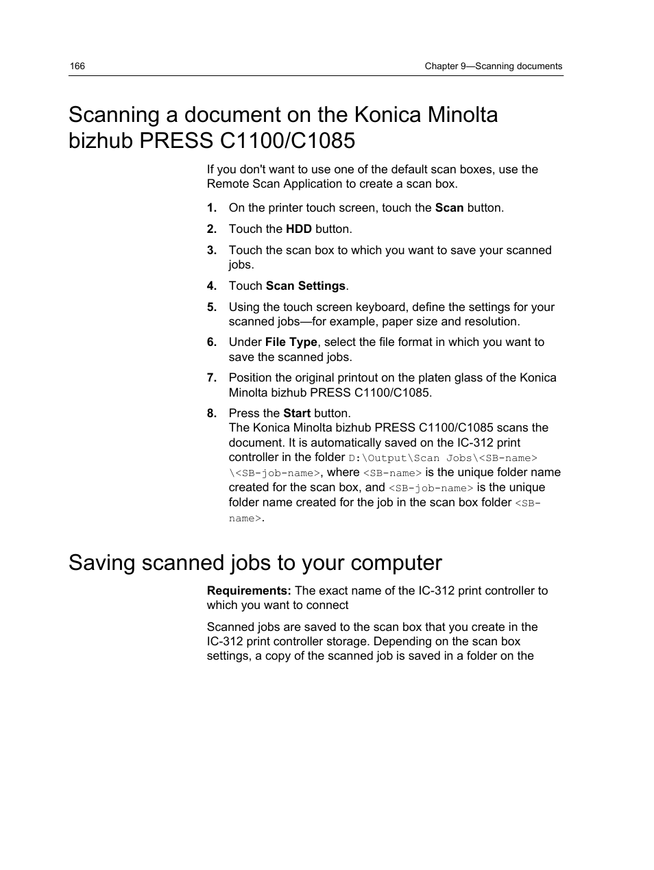 Saving scanned jobs to your computer | Konica Minolta bizhub PRESS C1100 User Manual | Page 176 / 265