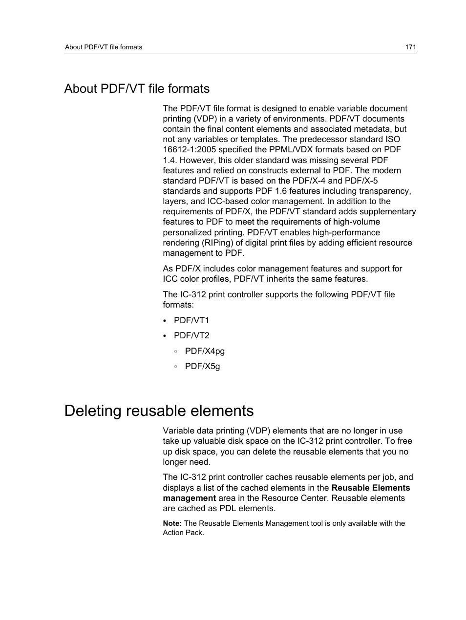 About pdf/vt file formats, Deleting reusable elements | Konica Minolta bizhub PRESS C1100 User Manual | Page 181 / 265