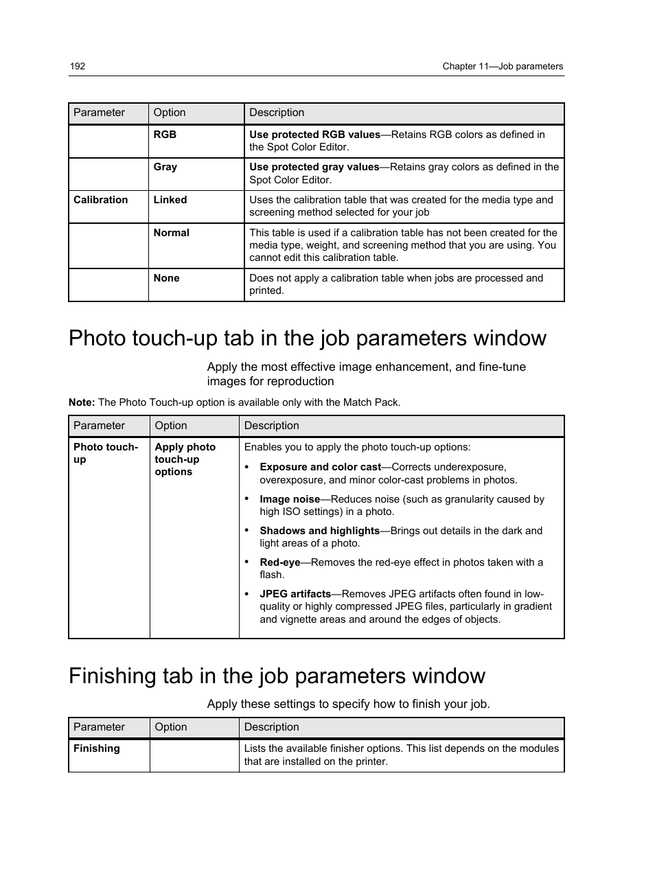 Photo touch-up tab in the job parameters window, Finishing tab in the job parameters window | Konica Minolta bizhub PRESS C1100 User Manual | Page 202 / 265