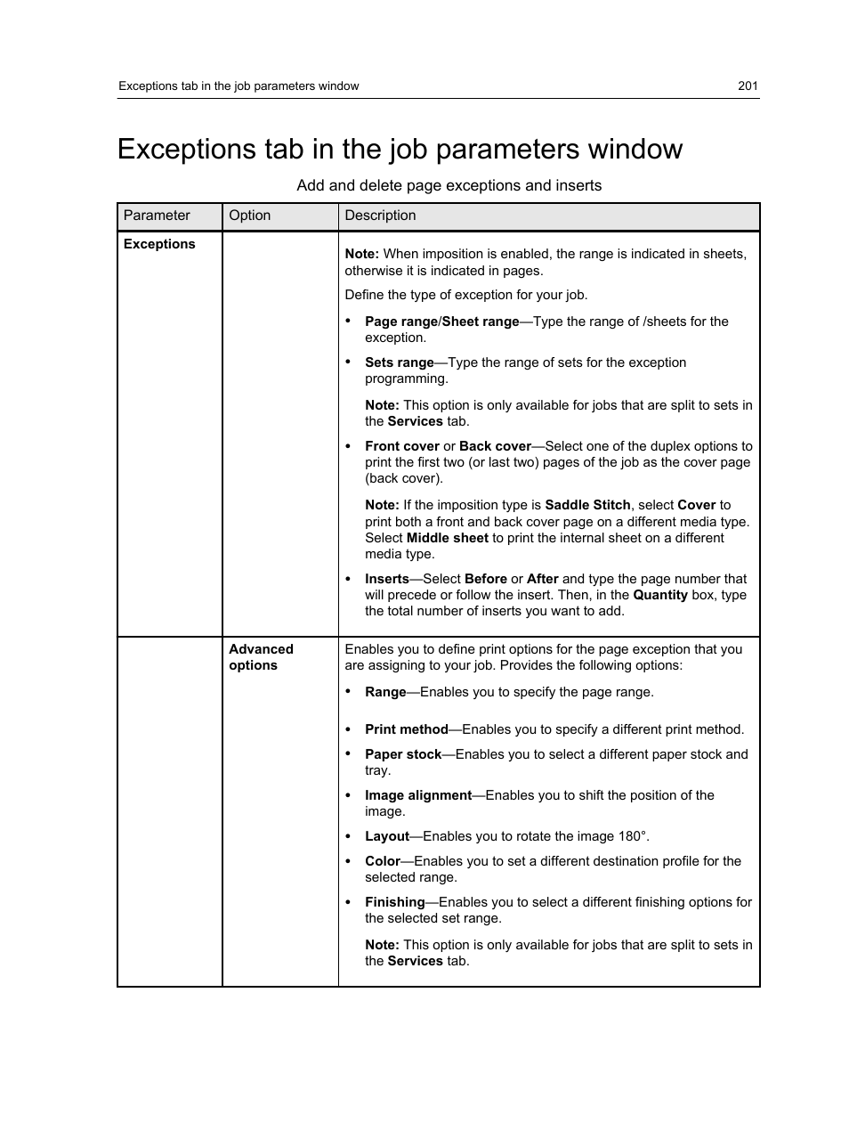 Exceptions tab in the job parameters window | Konica Minolta bizhub PRESS C1100 User Manual | Page 211 / 265