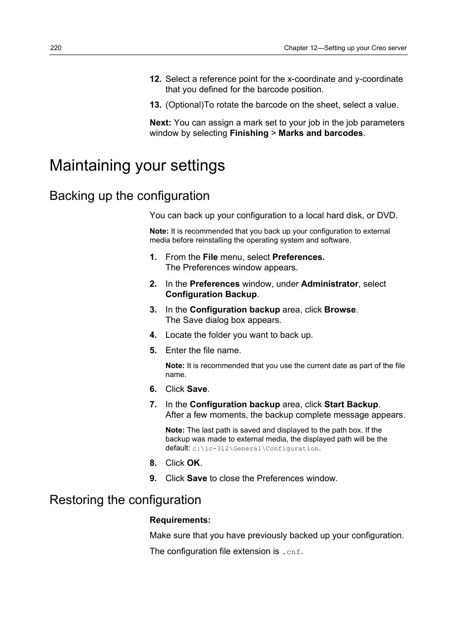 Maintaining your settings, Backing up the configuration, Restoring the configuration | Konica Minolta bizhub PRESS C1100 User Manual | Page 230 / 265