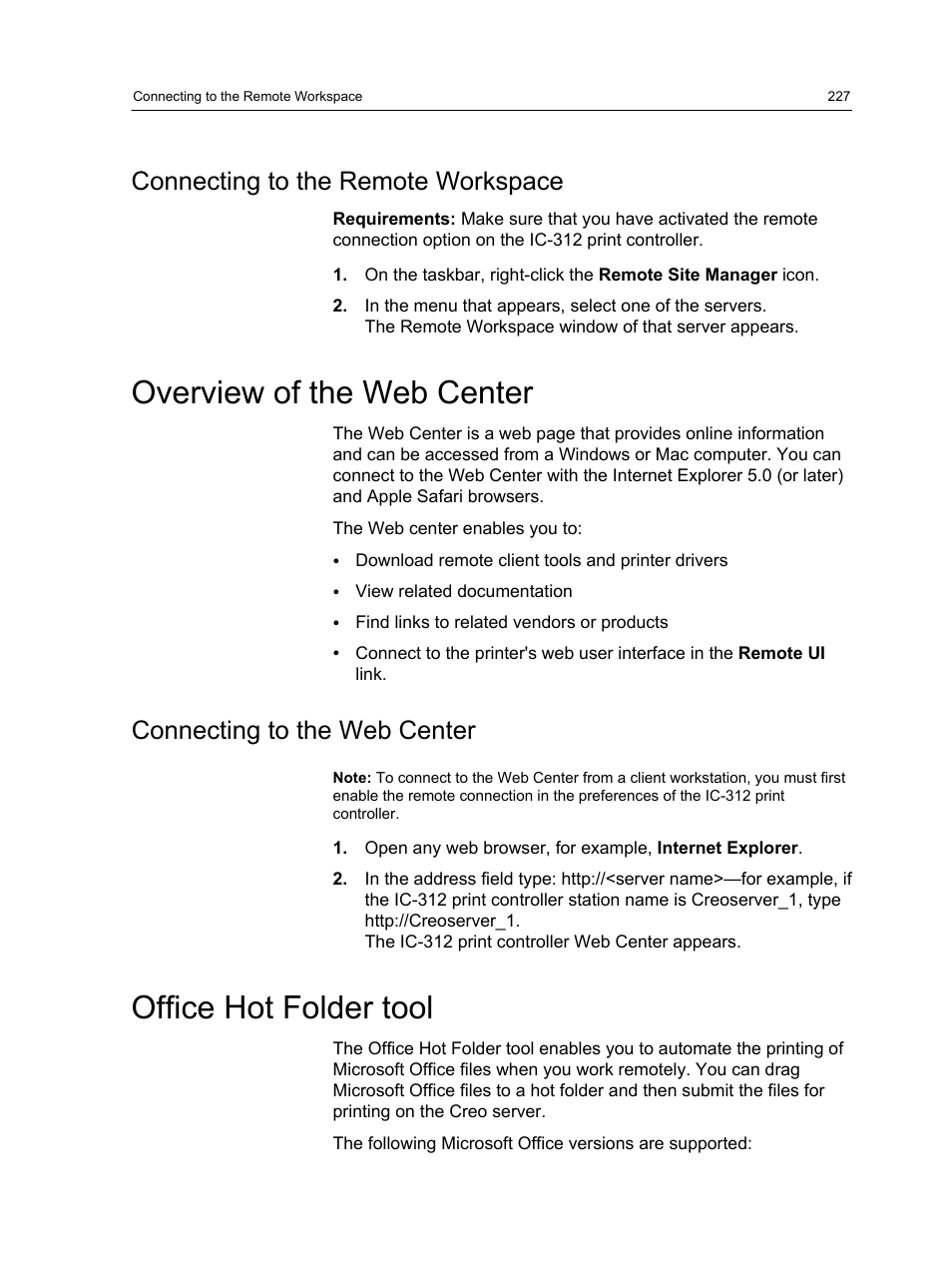 Connecting to the remote workspace, Overview of the web center, Connecting to the web center | Office hot folder tool | Konica Minolta bizhub PRESS C1100 User Manual | Page 237 / 265