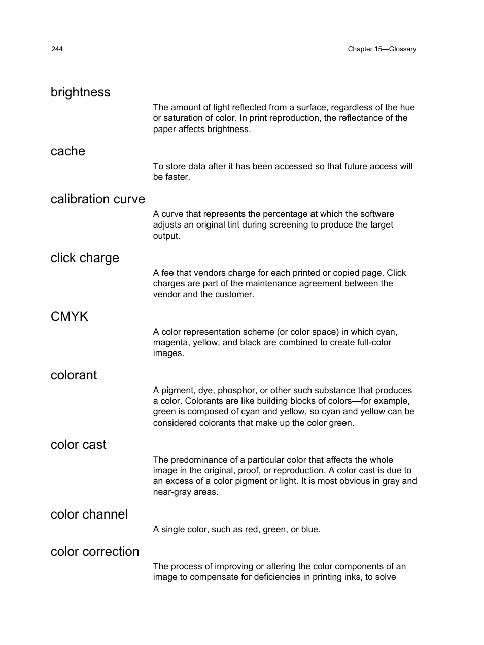 Brightness, Cache, Calibration curve | Click charge, Cmyk, Colorant, Color cast, Color channel, Color correction | Konica Minolta bizhub PRESS C1100 User Manual | Page 254 / 265