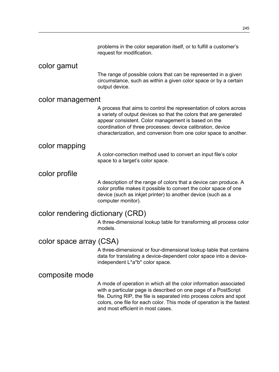 Color gamut, Color management, Color mapping | Color profile, Color rendering dictionary (crd), Color space array (csa), Composite mode | Konica Minolta bizhub PRESS C1100 User Manual | Page 255 / 265