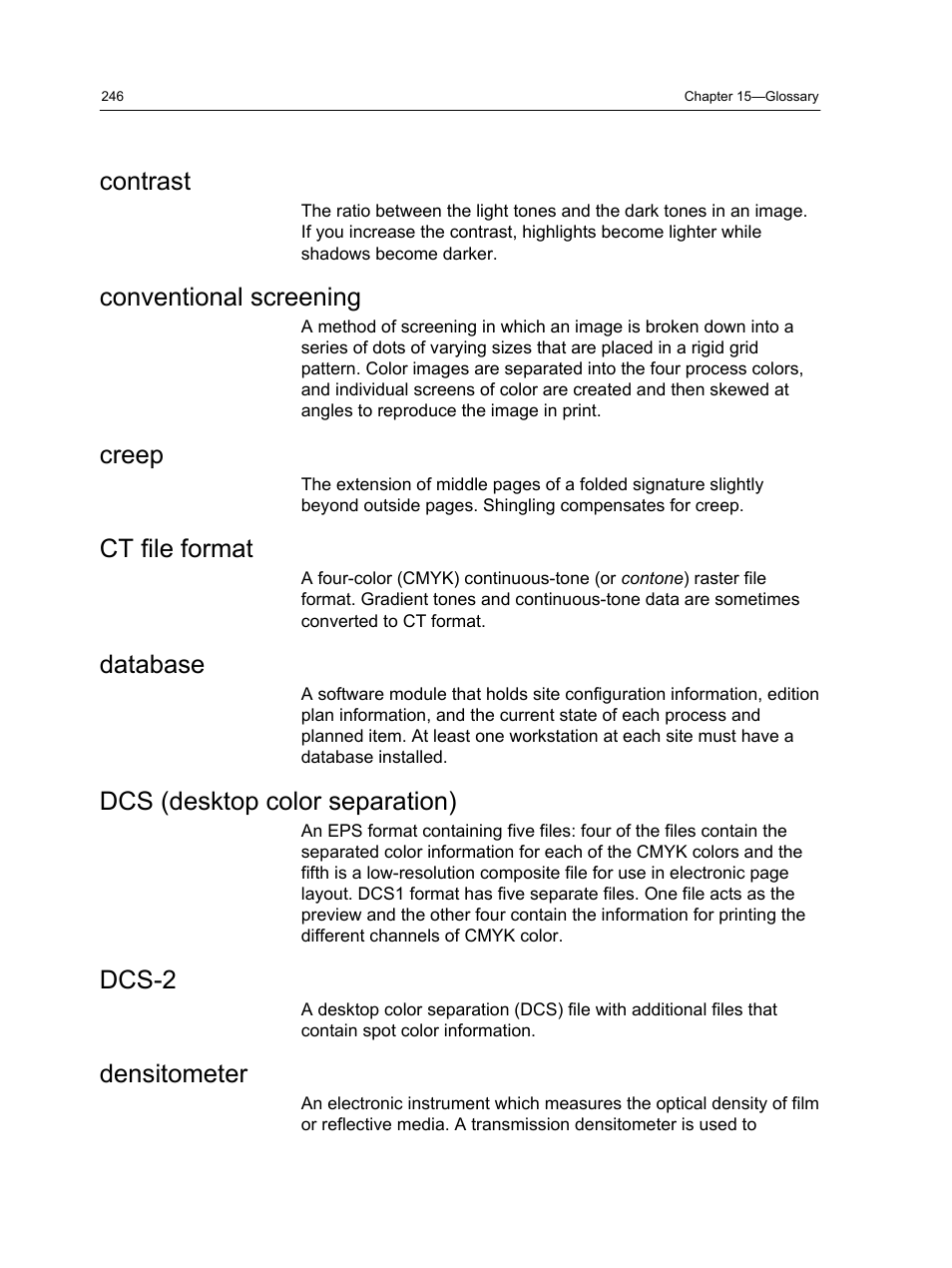 Contrast, Conventional screening, Creep | Ct file format, Database, Dcs (desktop color separation), Dcs-2, Densitometer | Konica Minolta bizhub PRESS C1100 User Manual | Page 256 / 265