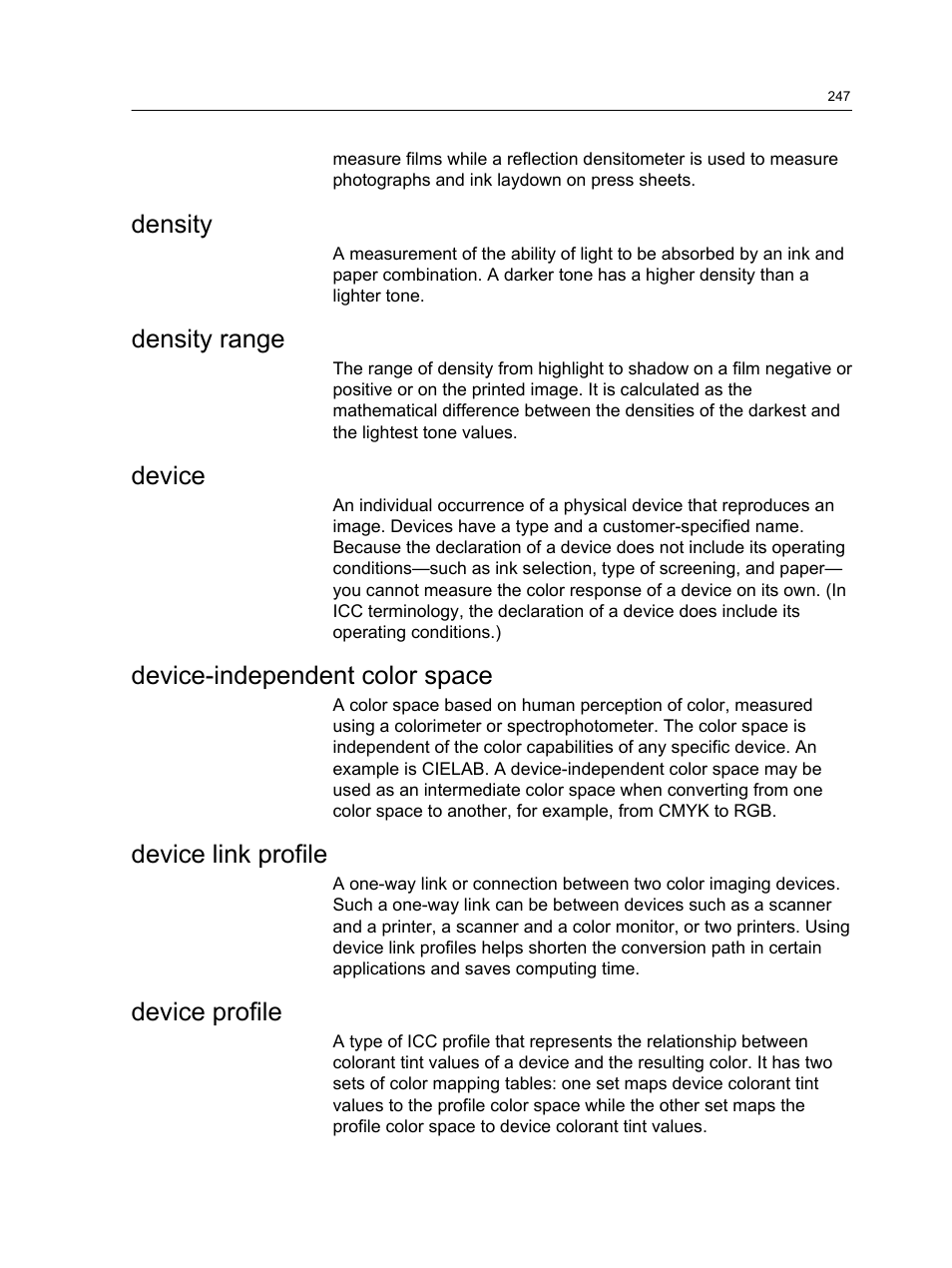 Density, Density range, Device | Device-independent color space, Device link profile, Device profile | Konica Minolta bizhub PRESS C1100 User Manual | Page 257 / 265