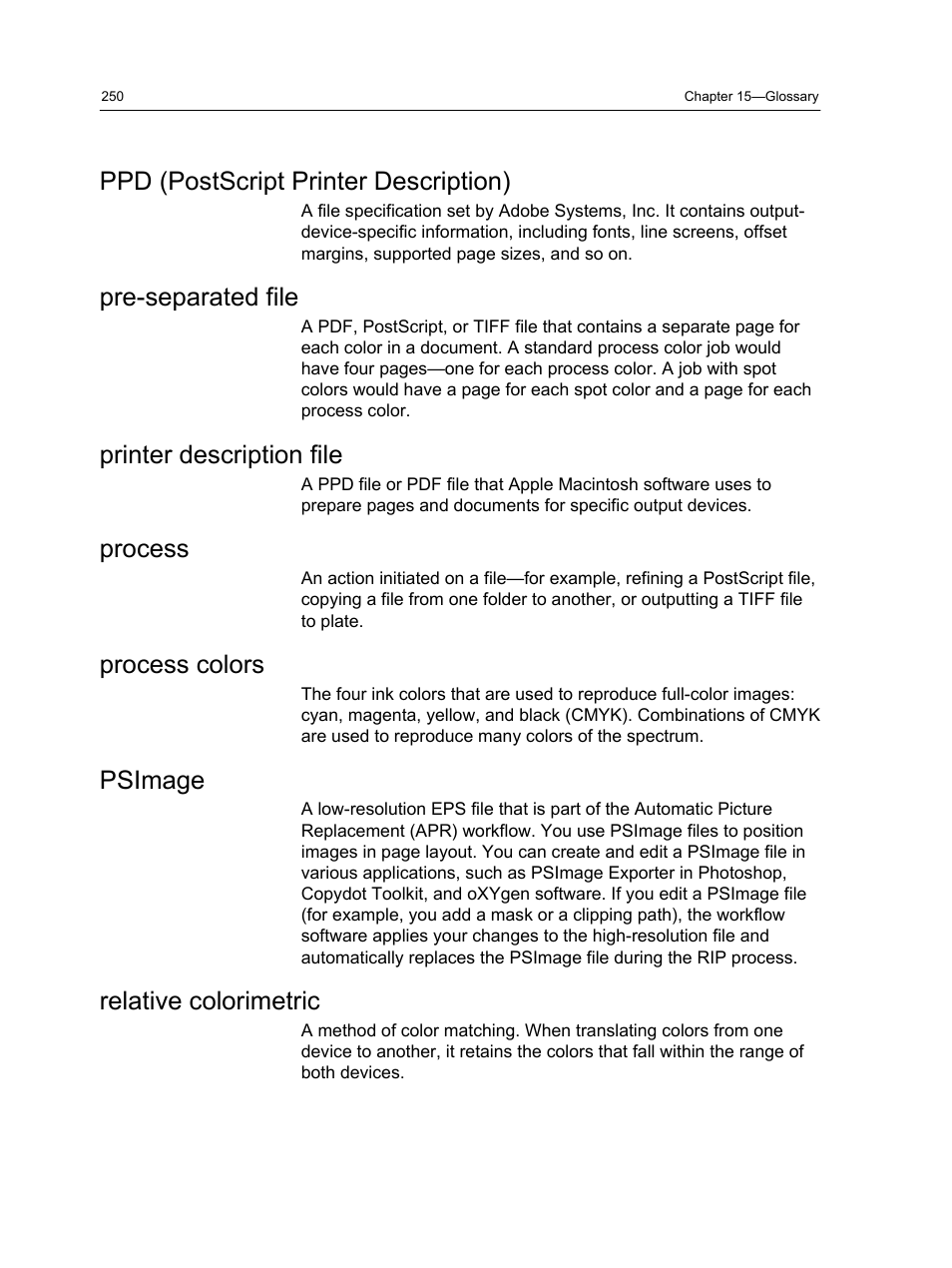 Ppd (postscript printer description), Pre-separated file, Printer description file | Process, Process colors, Psimage, Relative colorimetric | Konica Minolta bizhub PRESS C1100 User Manual | Page 260 / 265