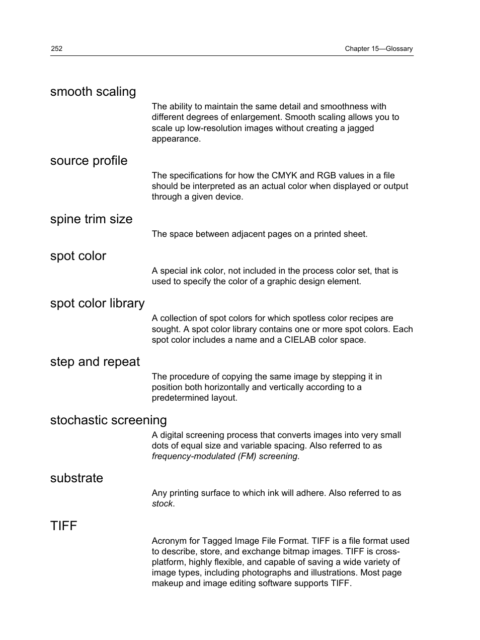 Smooth scaling, Source profile, Spine trim size | Spot color, Spot color library, Step and repeat, Stochastic screening, Substrate, Tiff | Konica Minolta bizhub PRESS C1100 User Manual | Page 262 / 265