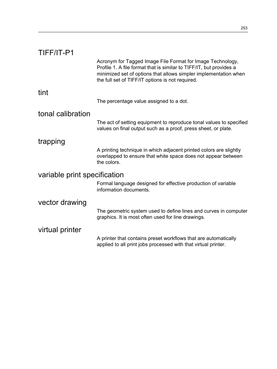 Tiff/it-p1, Tint, Tonal calibration | Trapping, Variable print specification, Vector drawing, Virtual printer | Konica Minolta bizhub PRESS C1100 User Manual | Page 263 / 265