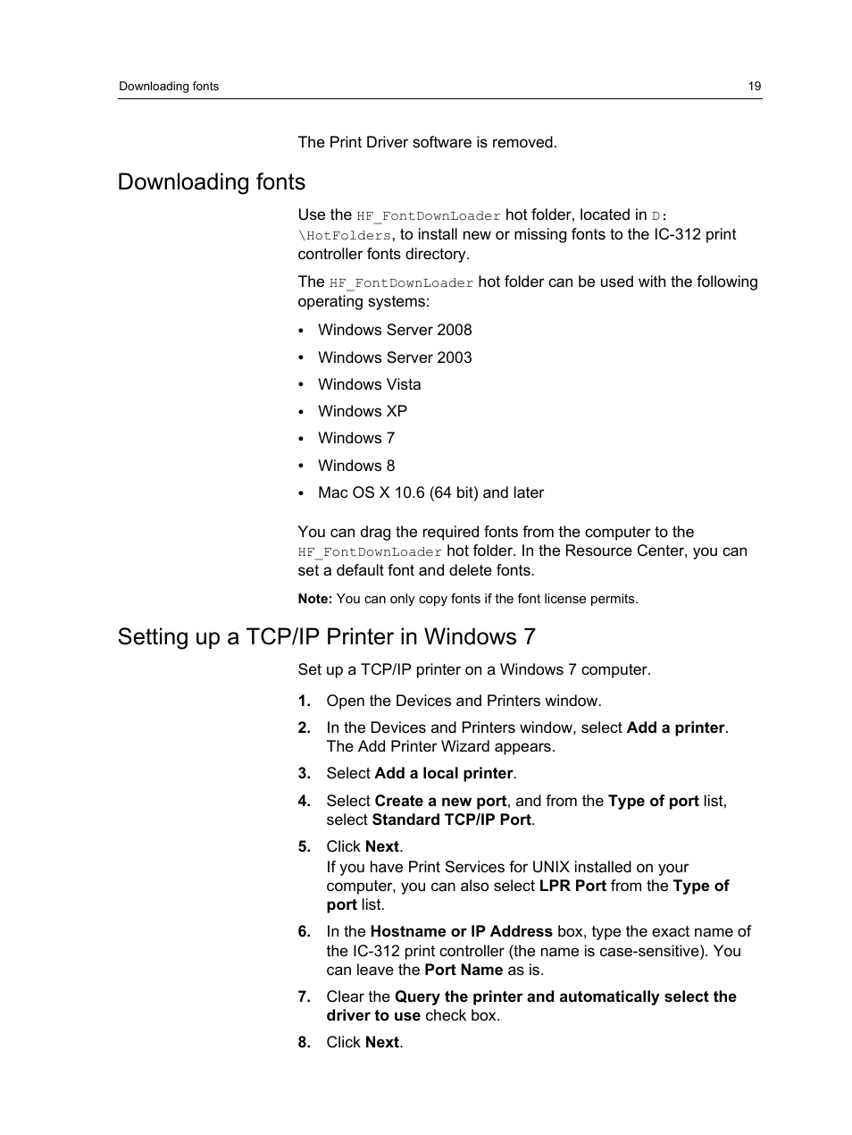 Downloading fonts, Setting up a tcp/ip printer in windows 7 | Konica Minolta bizhub PRESS C1100 User Manual | Page 29 / 265