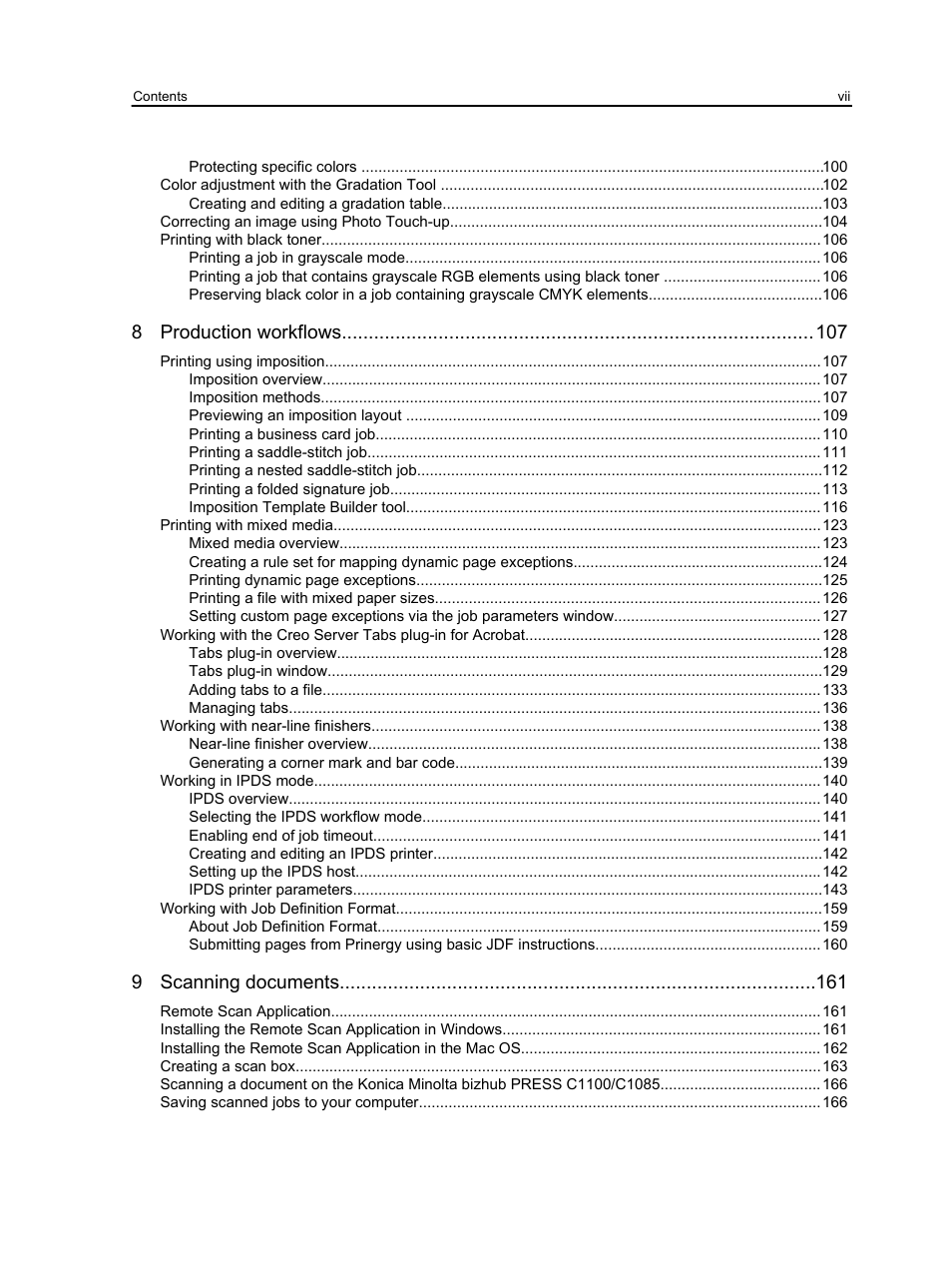 8 production workflows, 9 scanning documents | Konica Minolta bizhub PRESS C1100 User Manual | Page 7 / 265