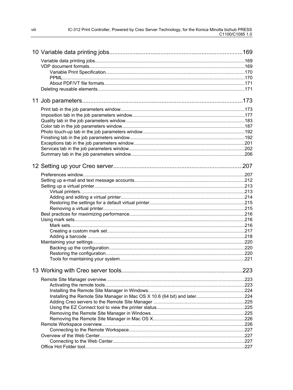 10 variable data printing jobs, 11 job parameters, 12 setting up your creo server | 13 working with creo server tools | Konica Minolta bizhub PRESS C1100 User Manual | Page 8 / 265