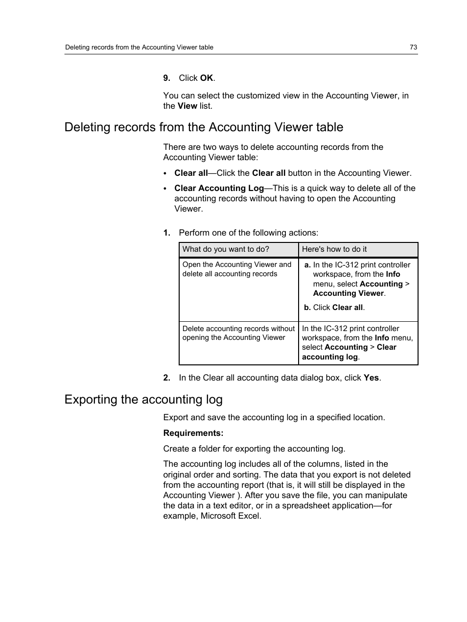 Deleting records from the accounting viewer table, Exporting the accounting log | Konica Minolta bizhub PRESS C1100 User Manual | Page 83 / 265