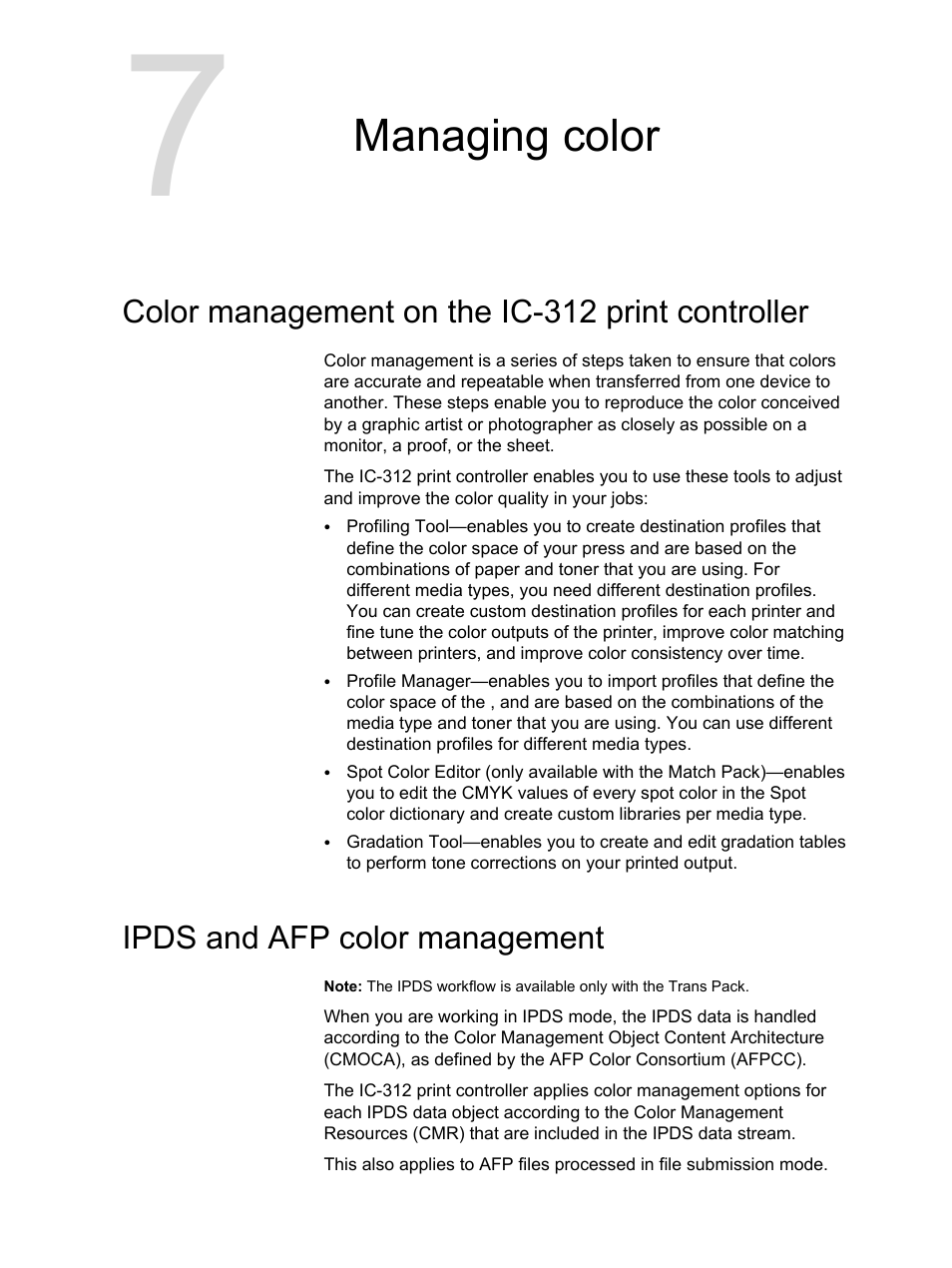 Managing color, Color management on the ic-312 print controller, Ipds and afp color management | Konica Minolta bizhub PRESS C1100 User Manual | Page 85 / 265