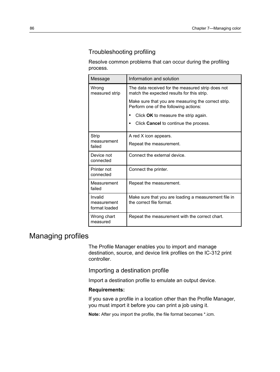 Troubleshooting profiling, Managing profiles, Importing a destination profile | Konica Minolta bizhub PRESS C1100 User Manual | Page 96 / 265