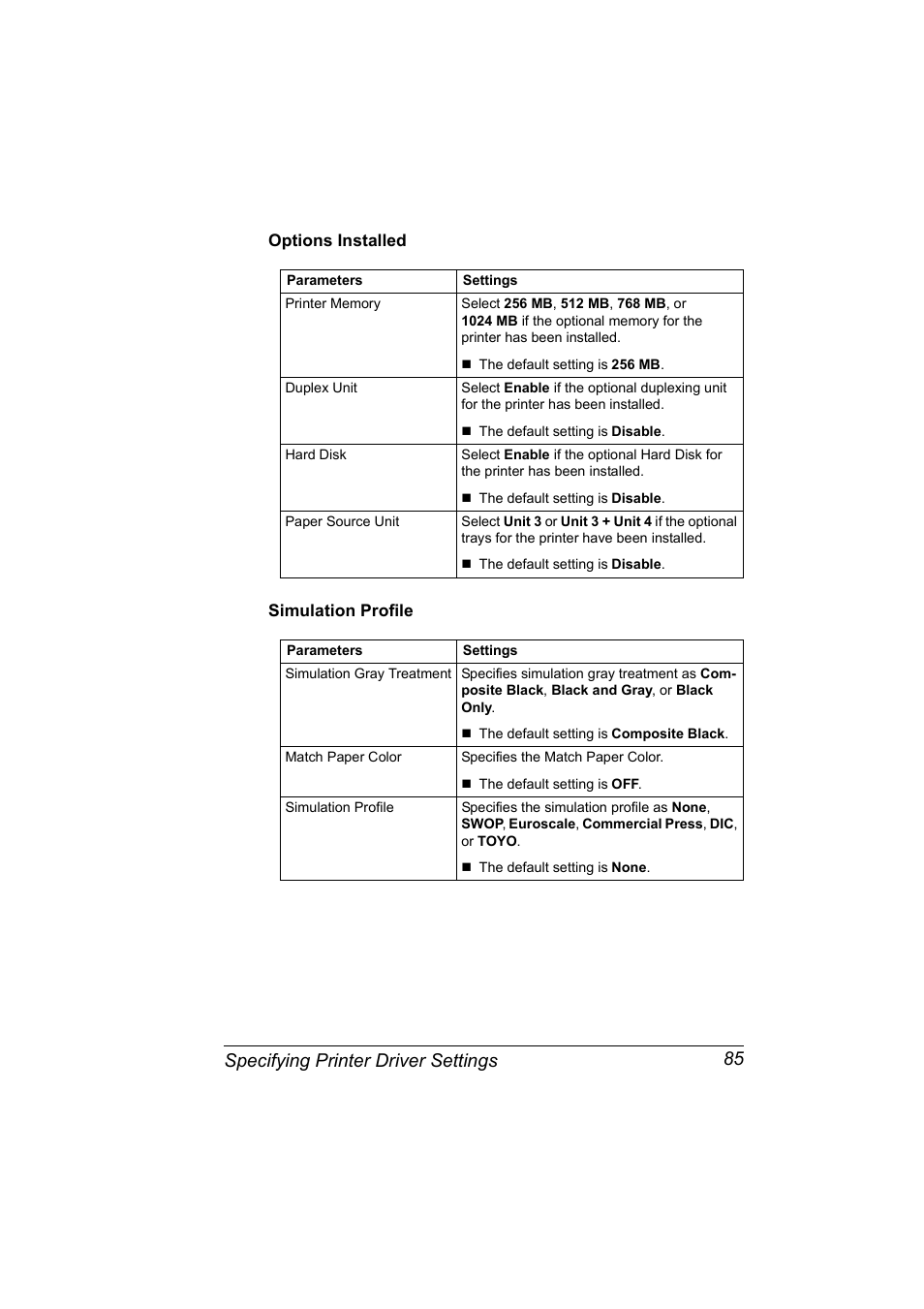 Options installed, Simulation profile, Options installed 85 simulation profile 85 | Specifying printer driver settings 85 | Konica Minolta Magicolor 5450 User Manual | Page 101 / 258