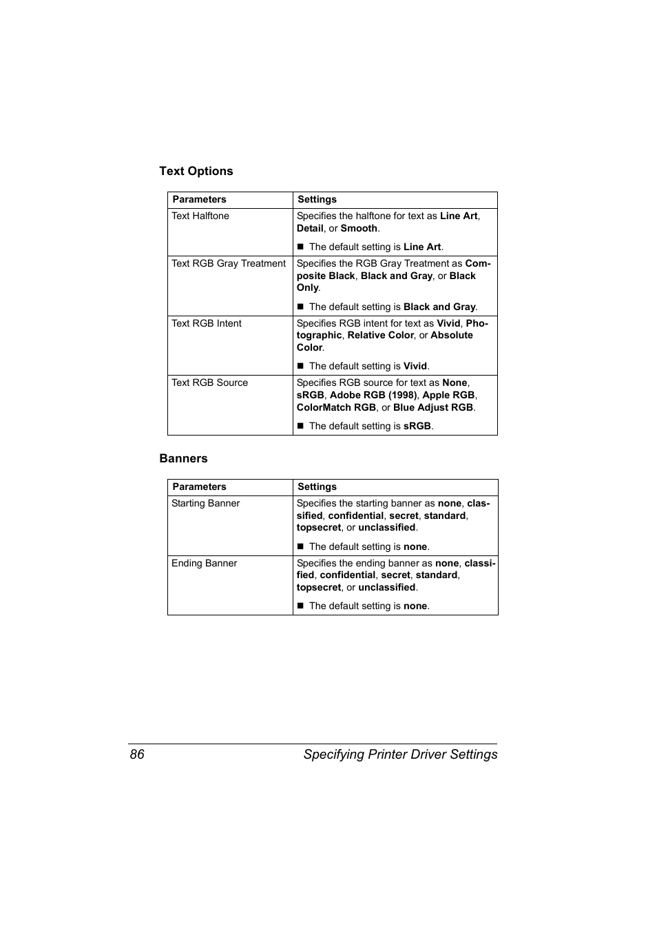 Text options, Banners, Text options 86 banners 86 | Specifying printer driver settings 86 | Konica Minolta Magicolor 5450 User Manual | Page 102 / 258