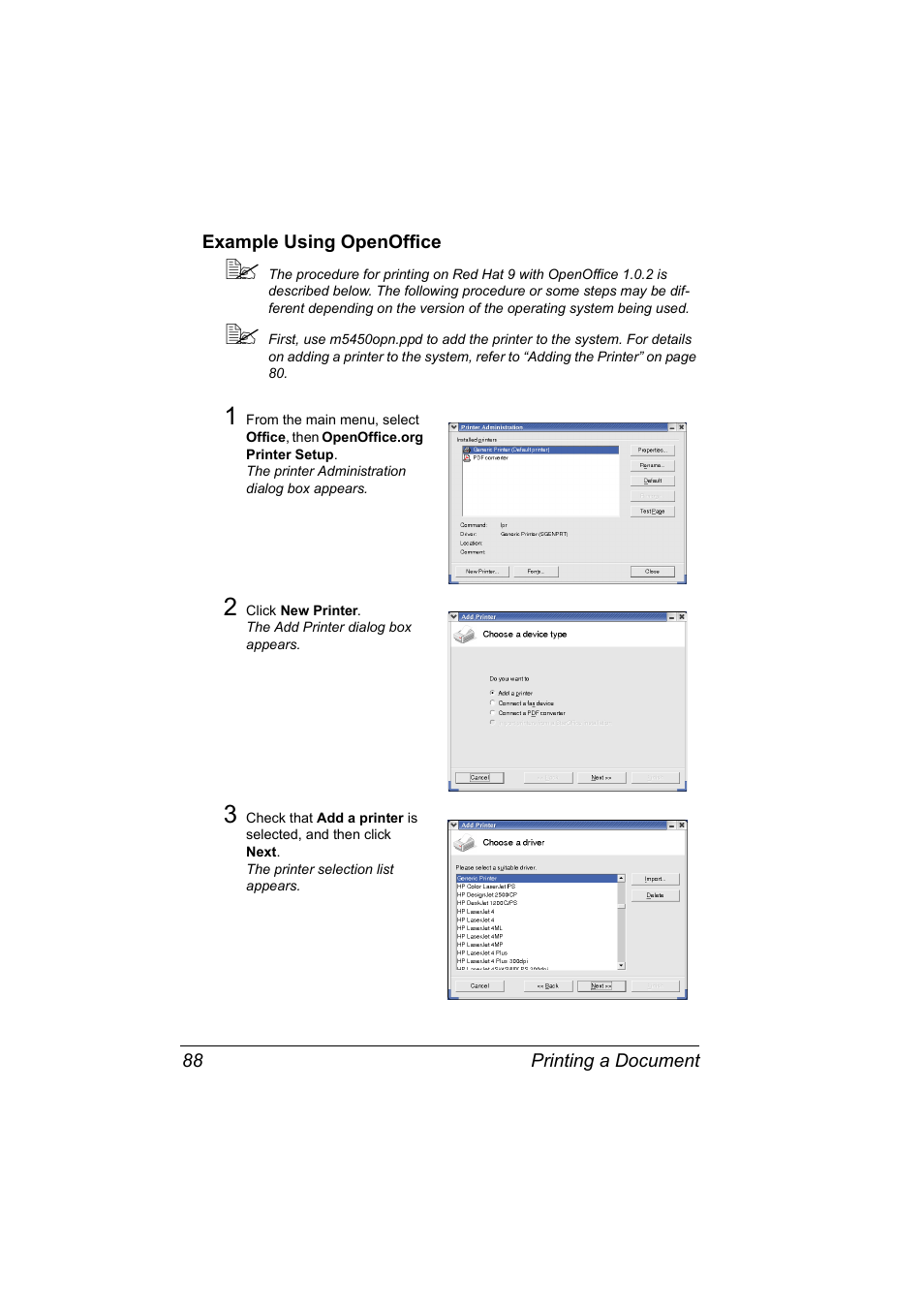 Example using openoffice, Example using openoffice 88 | Konica Minolta Magicolor 5450 User Manual | Page 104 / 258