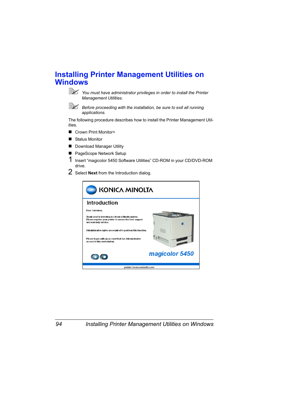 Installing printer management utilities on windows | Konica Minolta Magicolor 5450 User Manual | Page 110 / 258