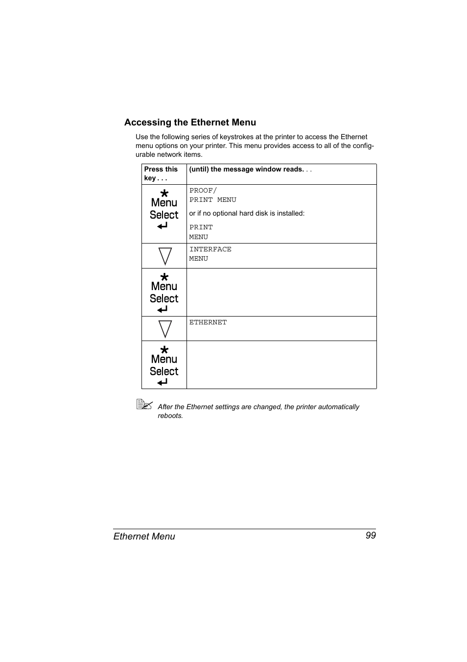 Accessing the ethernet menu, Accessing the ethernet menu 99 | Konica Minolta Magicolor 5450 User Manual | Page 115 / 258