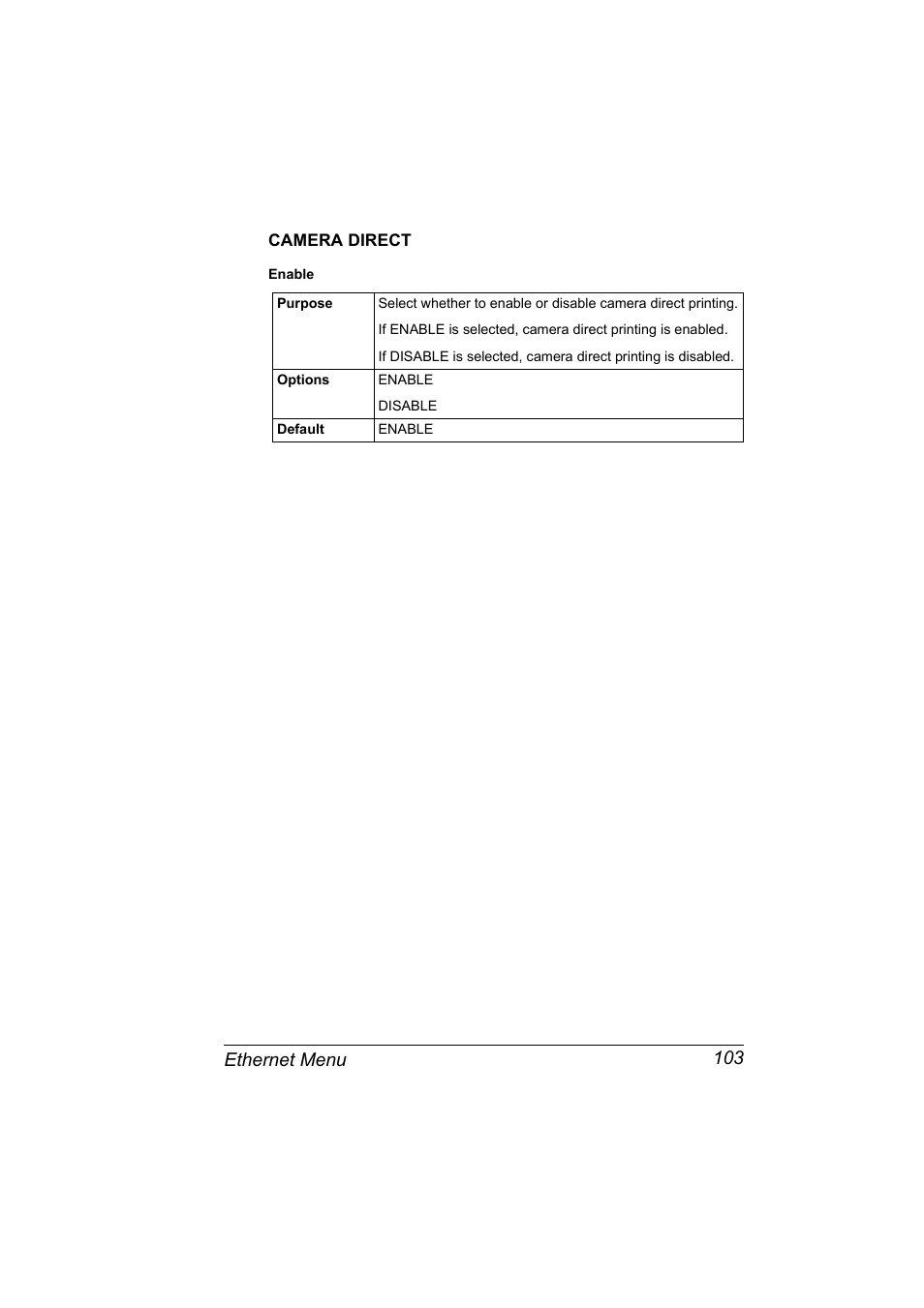 Camera direct, Camera direct 103, Ethernet menu 103 | Konica Minolta Magicolor 5450 User Manual | Page 119 / 258