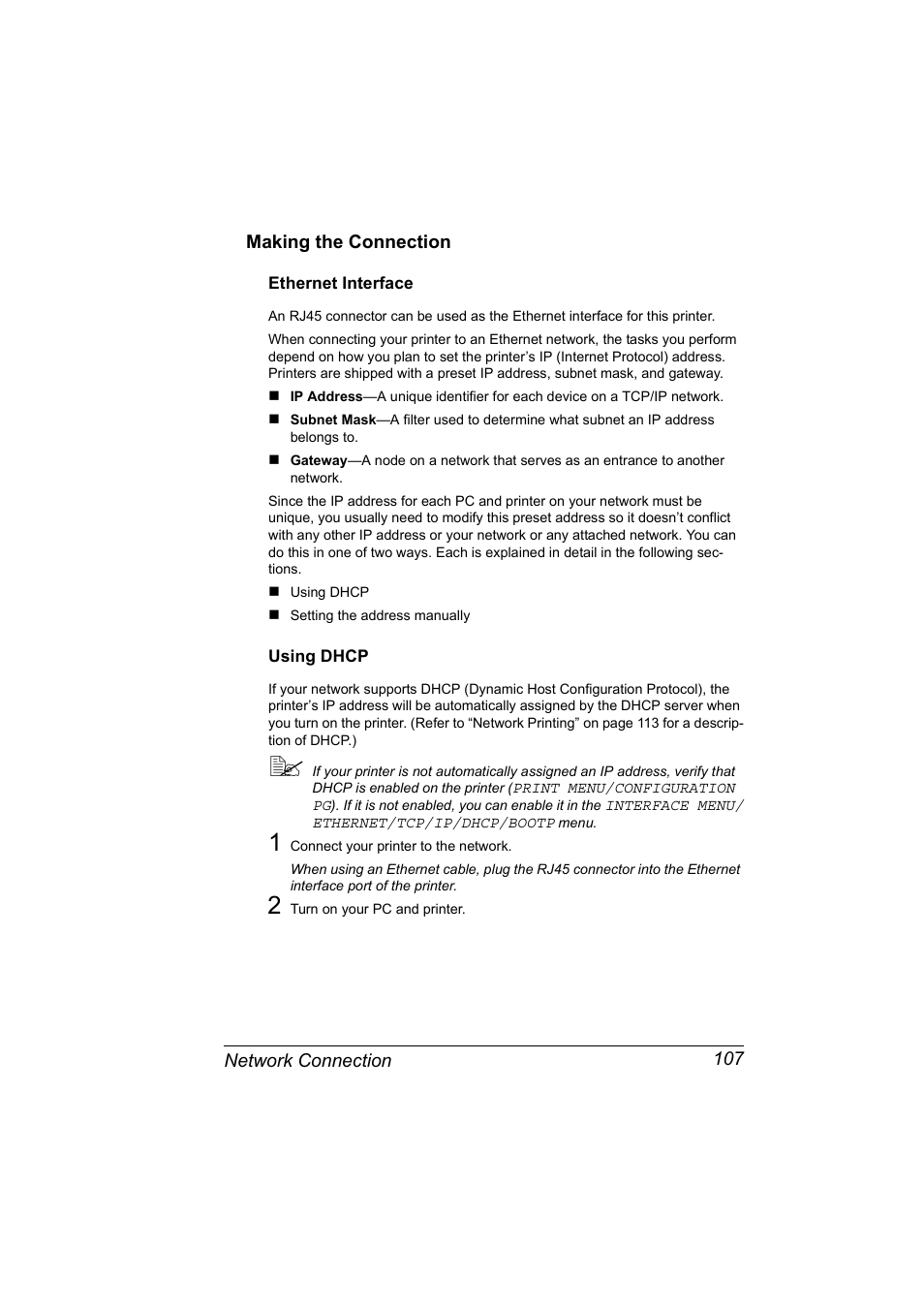 Making the connection, Ethernet interface, Using dhcp | Making the connection 107, Ethernet interface 107 using dhcp 107 | Konica Minolta Magicolor 5450 User Manual | Page 123 / 258