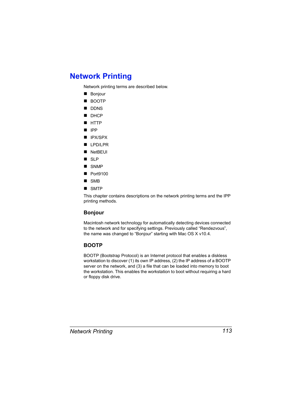 Network printing, Bonjour, Bootp | Network printing 113, Bonjour 113 bootp 113 | Konica Minolta Magicolor 5450 User Manual | Page 129 / 258