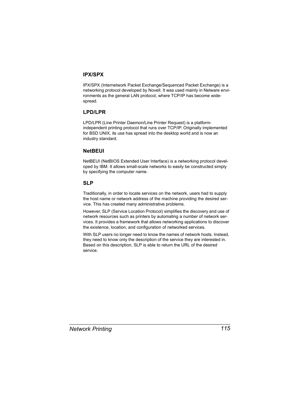 Ipx/spx, Lpd/lpr, Netbeui | Ipx/spx 115 lpd/lpr 115 netbeui 115 slp 115 | Konica Minolta Magicolor 5450 User Manual | Page 131 / 258