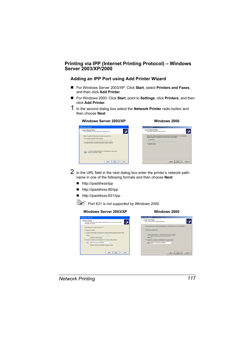 Adding an ipp port using add printer wizard, Adding an ipp port using add printer wizard 117 | Konica Minolta Magicolor 5450 User Manual | Page 133 / 258