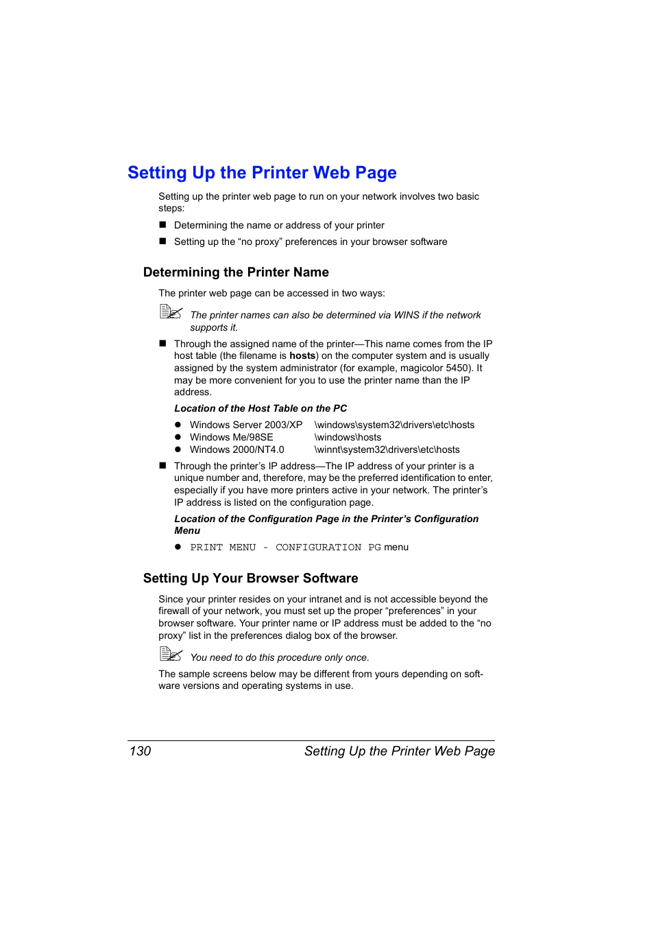 Determining the printer name, Setting up your browser software, Setting up the printer web page | Konica Minolta Magicolor 5450 User Manual | Page 146 / 258