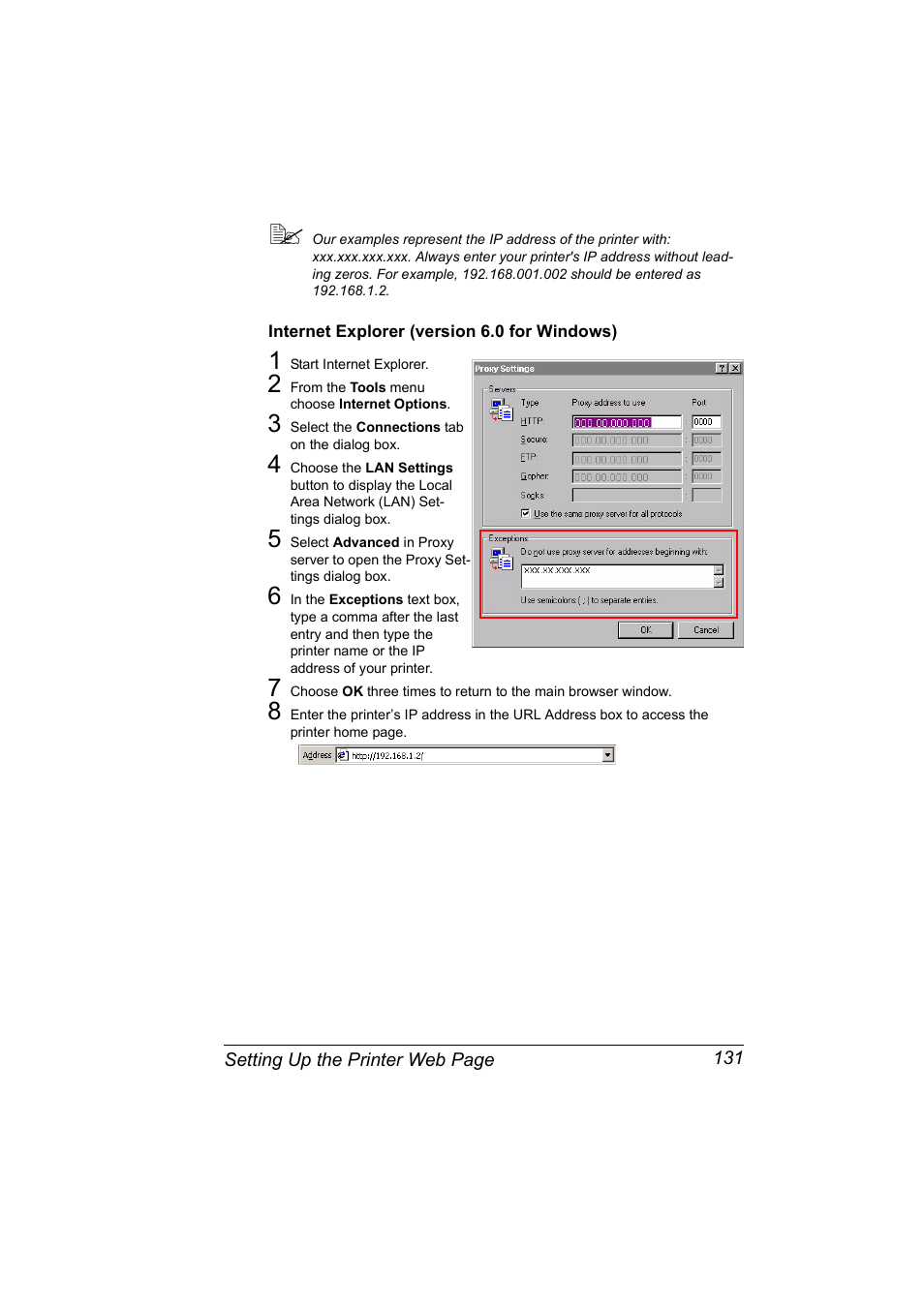 Internet explorer (version 6.0 for windows), Internet explorer (version 6.0 for windows) 131 | Konica Minolta Magicolor 5450 User Manual | Page 147 / 258