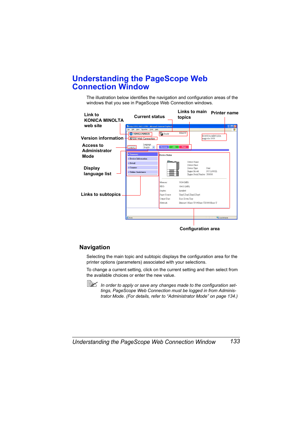 Navigation, Navigation 133, Understanding the pagescope web connection window | Konica Minolta Magicolor 5450 User Manual | Page 149 / 258