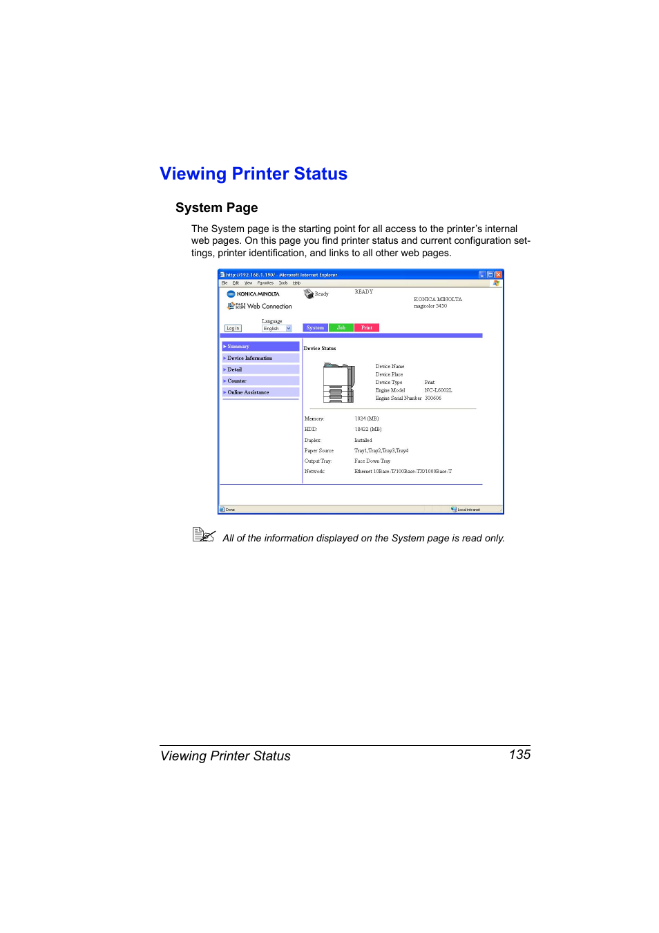 Viewing printer status, Viewing printer status 135 | Konica Minolta Magicolor 5450 User Manual | Page 151 / 258