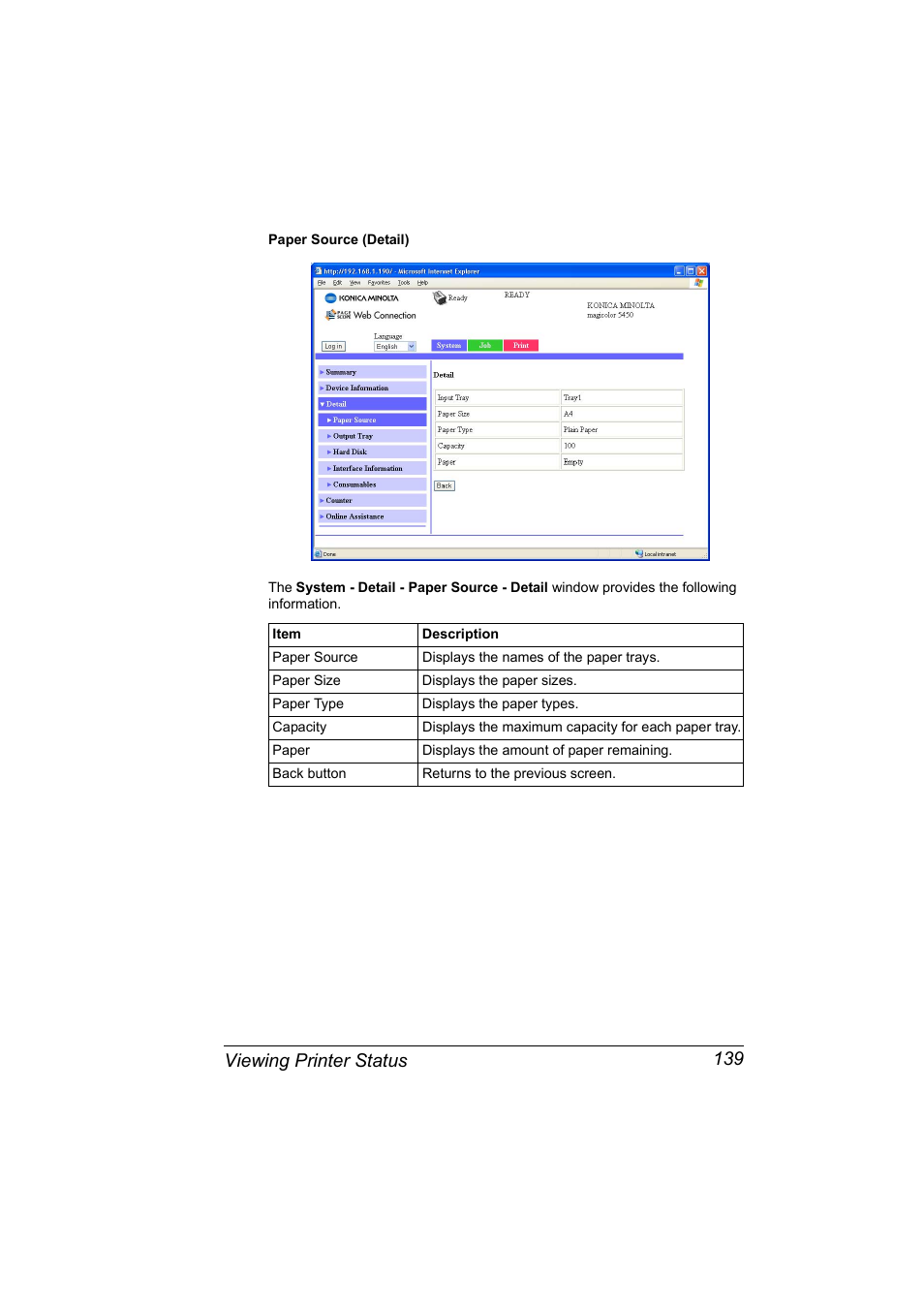 Viewing printer status 139 | Konica Minolta Magicolor 5450 User Manual | Page 155 / 258