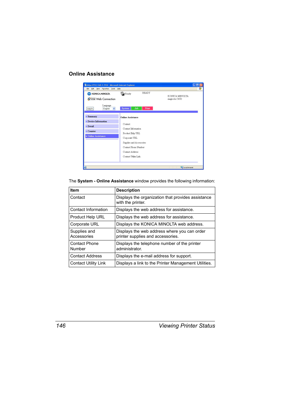 Online assistance, Online assistance 146, Viewing printer status 146 | Konica Minolta Magicolor 5450 User Manual | Page 162 / 258