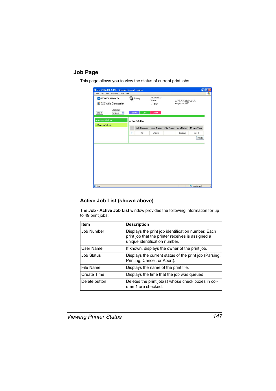 Active job list (shown above), Active job list (shown above) 147, Viewing printer status 147 job page | Konica Minolta Magicolor 5450 User Manual | Page 163 / 258