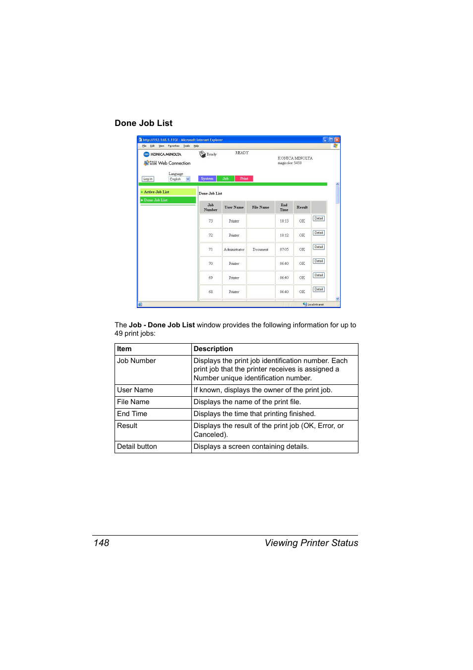Done job list, Done job list 148, Viewing printer status 148 | Konica Minolta Magicolor 5450 User Manual | Page 164 / 258