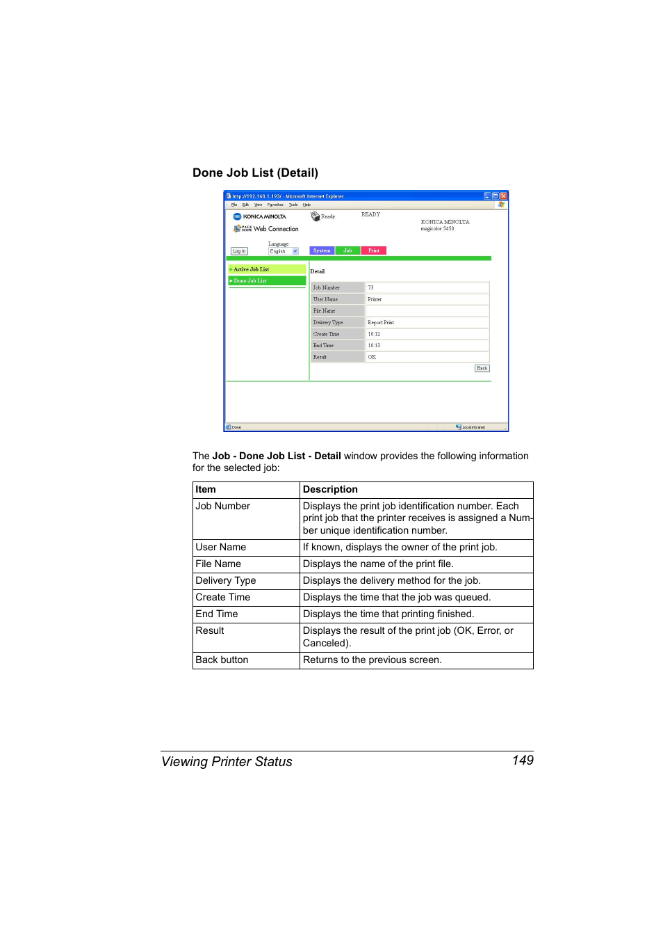 Done job list (detail), Done job list (detail) 149, Viewing printer status 149 | Konica Minolta Magicolor 5450 User Manual | Page 165 / 258