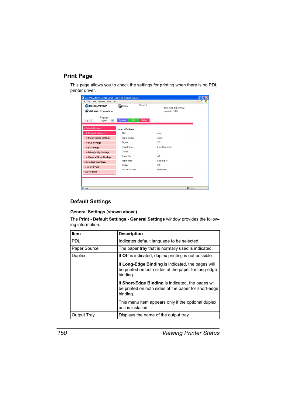 Default settings, Default settings 150, Viewing printer status 150 print page | Konica Minolta Magicolor 5450 User Manual | Page 166 / 258