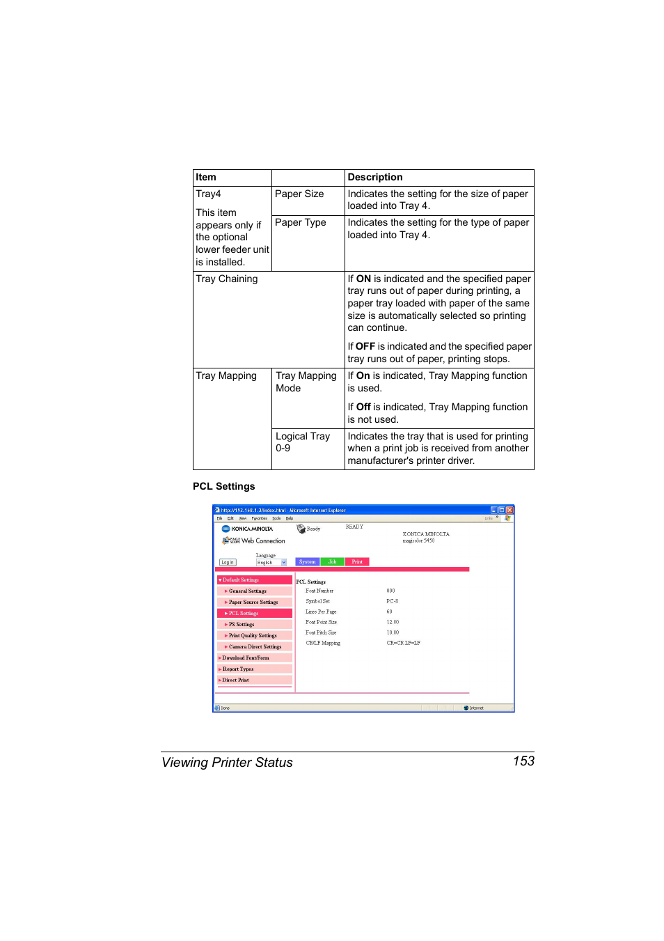 Viewing printer status 153 | Konica Minolta Magicolor 5450 User Manual | Page 169 / 258