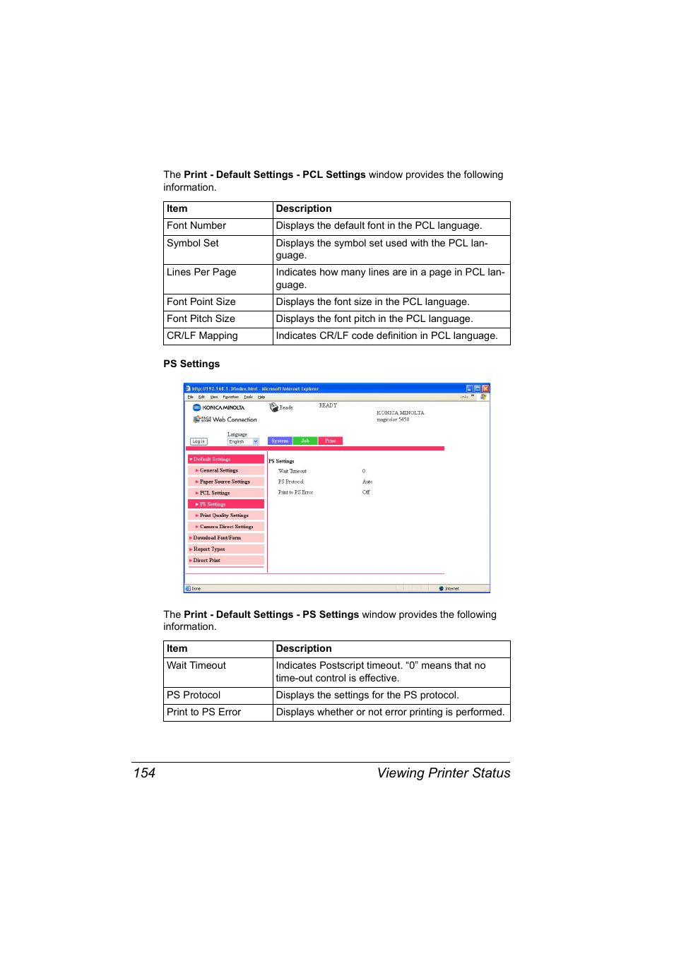 Viewing printer status 154 | Konica Minolta Magicolor 5450 User Manual | Page 170 / 258